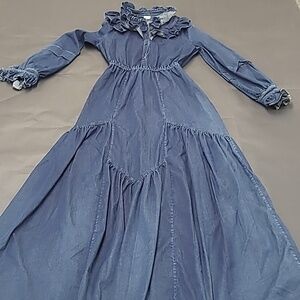 Warm Blue Denim Peasant Ruffle Lagenlook Maxi Dress Size 0